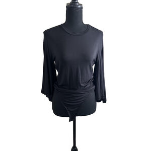 Olivaceous Black Bodysuit with 3/4 Bell Sleeves & Fitted Silhouette, Size M